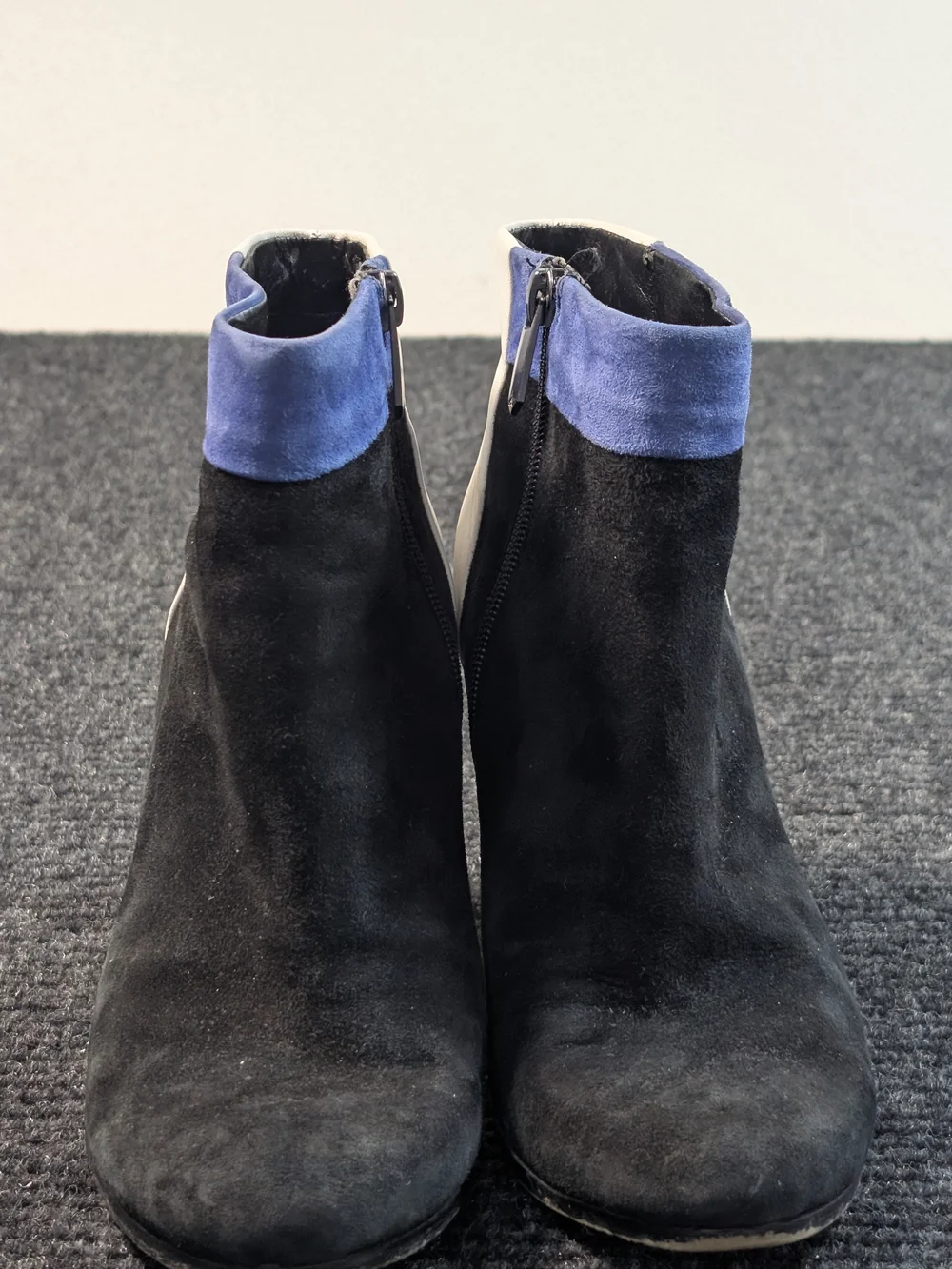 Sam Edelman Black Suede Ankle Boots with Cream Leather Heel and Blue Suede Cuff